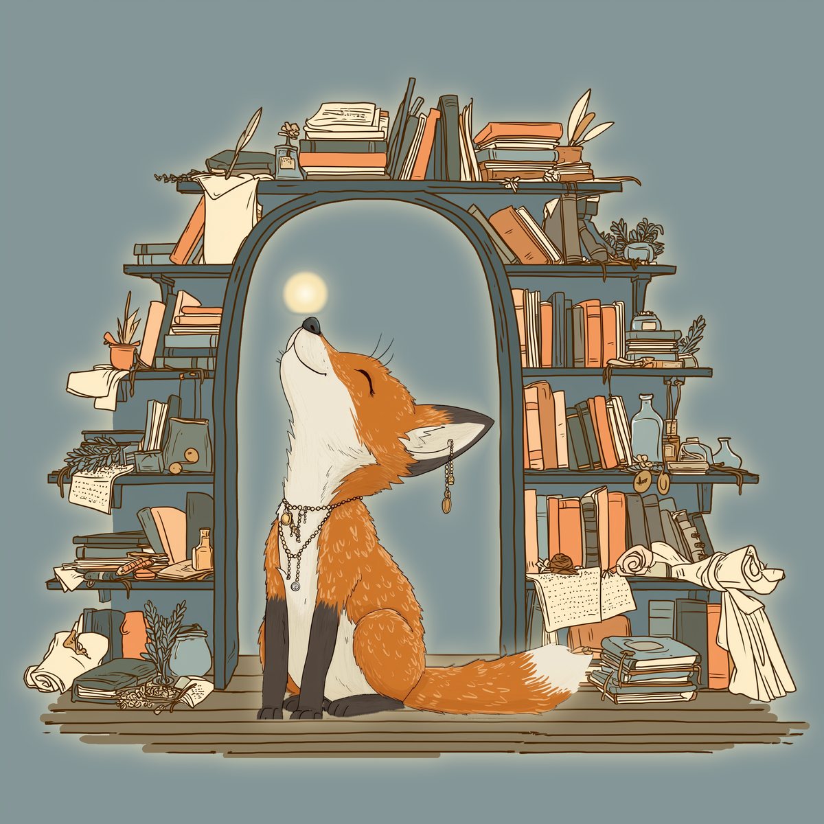 The Fox Findings fox sitting in an archway of bookshelves, a small glowing light above his nose.